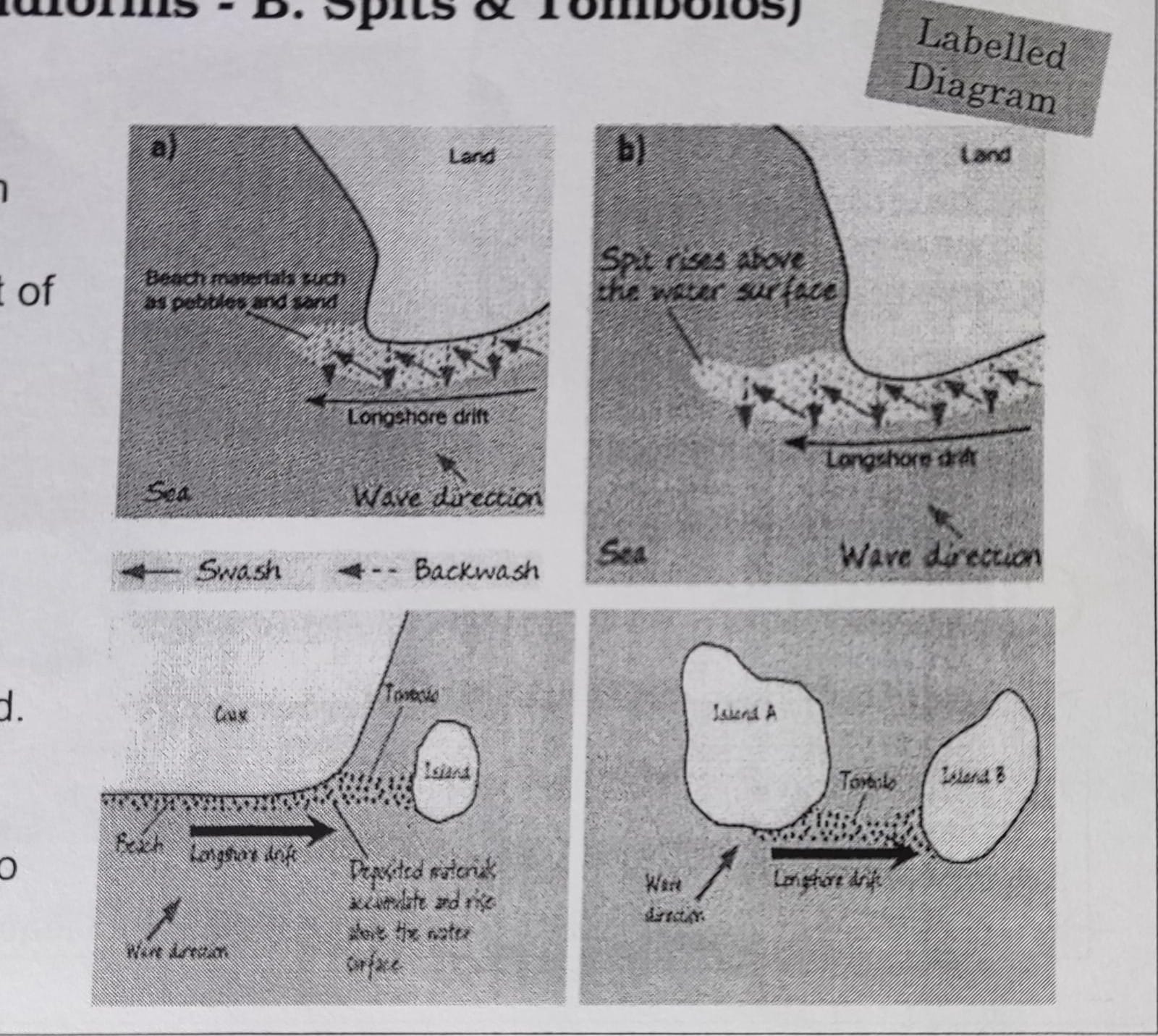 spit - long, narrow ridge of sediments with one end attached to the land

\
* @@formed by longshore drift@@ which is a result of longshore currents & beach drift
* where there is an @@abrupt bend in the coastline@@, @@longshore drift continues to transport sediments in the same direction@@ rather than following the coastline → this @@transports the sediments out to the sea@@
* as the @@strength of the drift weakens away@@ from the coast, the sediments are @@deposited@@
* over time, sediments @@accumulate and rise@@ above the water surface @@forming spit@@
* when the spit @@connects an offshore island@@ to a mainland, a @@tombolo is formed@@ 