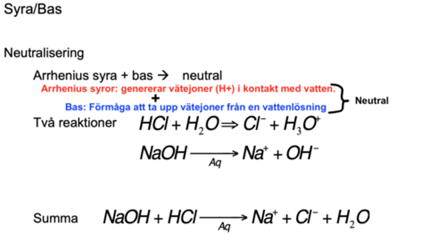 <p>- En syra och en bas blandas och ger ett neutralt pH</p><p>- Bildas ett salt och vatten</p><p>t. ex: NaOH + HCl —> Na+ + Cl- + H20 </p><p>- Syror genererar vätejoner och baser tar upp vätejoner ----> neutralisering</p>
