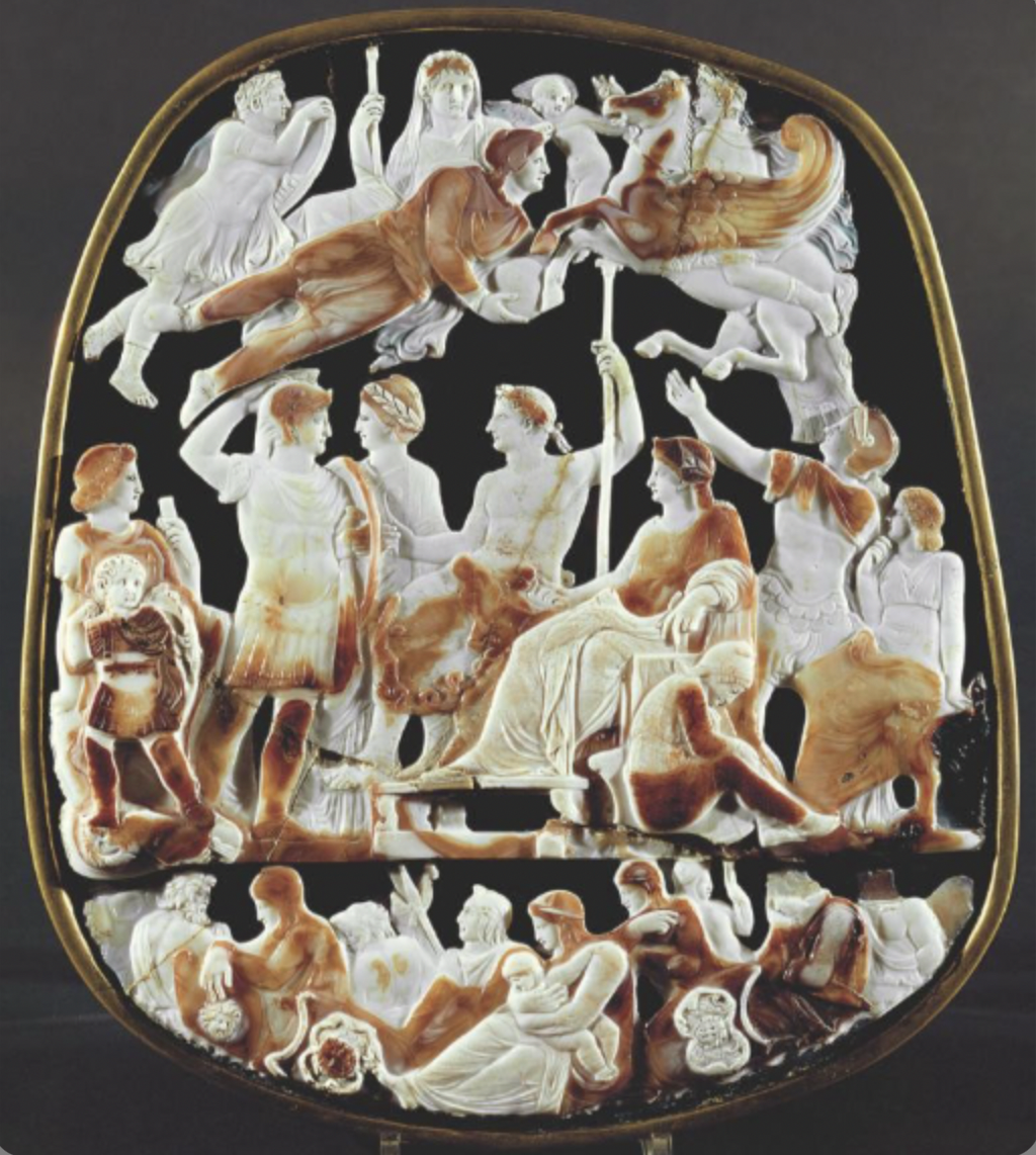 296-29 CE, sardonyx cameo, ambitious. Tiberius with Livia in this cameo, a figure identified as eternity. Celebrates the lineage of Tiberius and Augustus