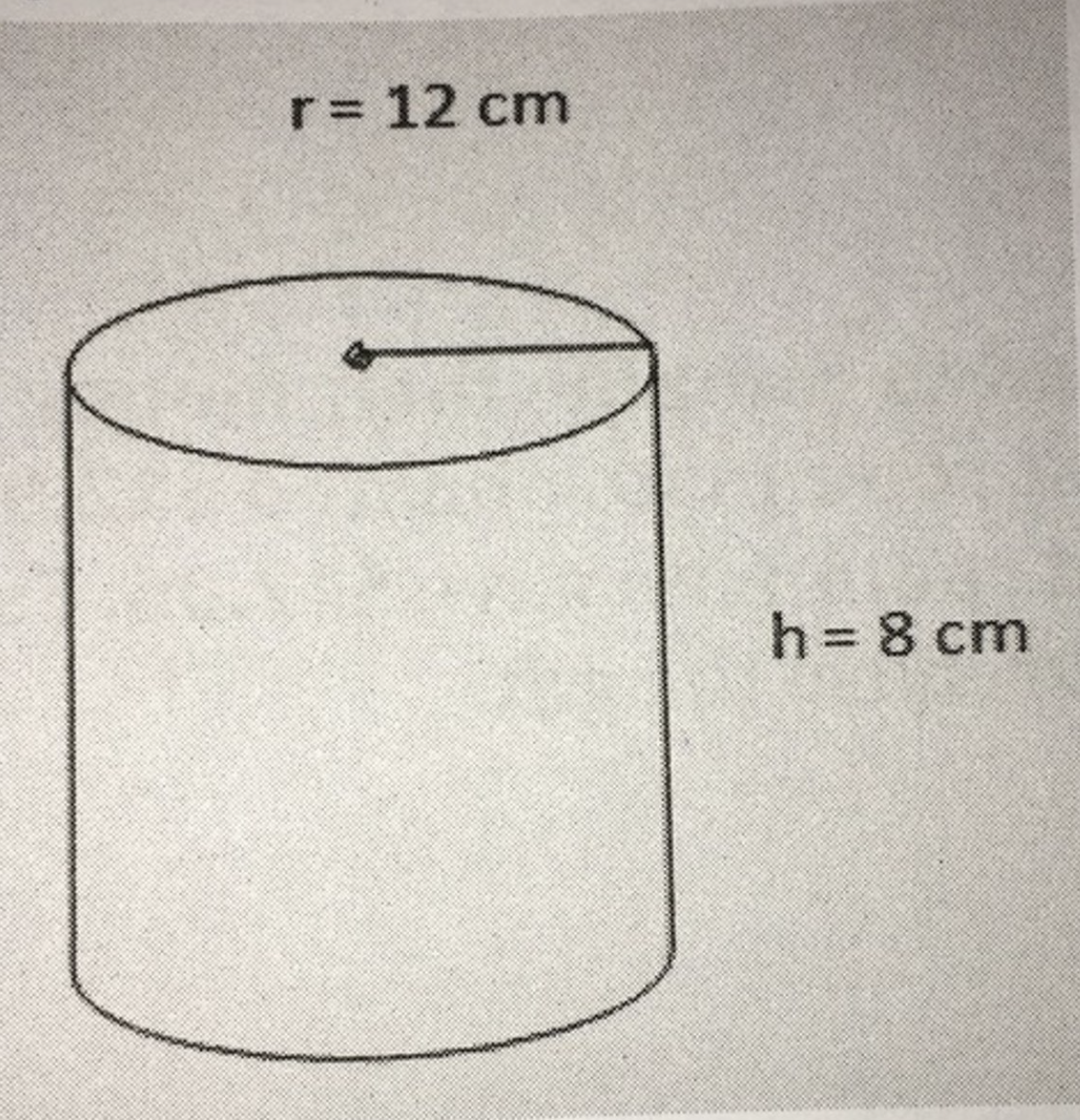 <p>Which of the following best represents the surface area of the cylinder shows below?</p><p>A. 602.9 cm2</p><p>B. 904.3cm2</p><p>C. 1,408.7 cm2</p><p>D. 1,507.2 cm2</p>