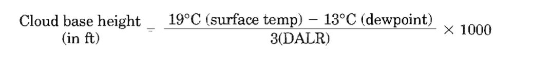 <p>difference between the dewpoint temperature and the ground temperature divided by the appropriate lapse rate per 1000 ft</p>