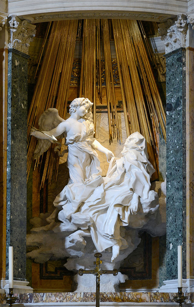 <p>Ecstasy of Saint Teresa</p><ul><li><p>Cornaro Chapel, Church of Santa Maria della Vittoria Rome, Italy.</p></li><li><p>Gian Lorenzo Bernini.</p></li><li><p>c. 1647-1652 C.E.</p></li><li><p>Marble (sculpture); stucco and gilt bronze (chapel)</p></li></ul><p>Bernini used the erotic character of the experience as a springboard to a new and higher type of spiritual awakening. It is one of the most important examples of the Counter-Reformation style of Baroque sculpture, designed to convey spiritual aspects of the Catholic faith.</p>