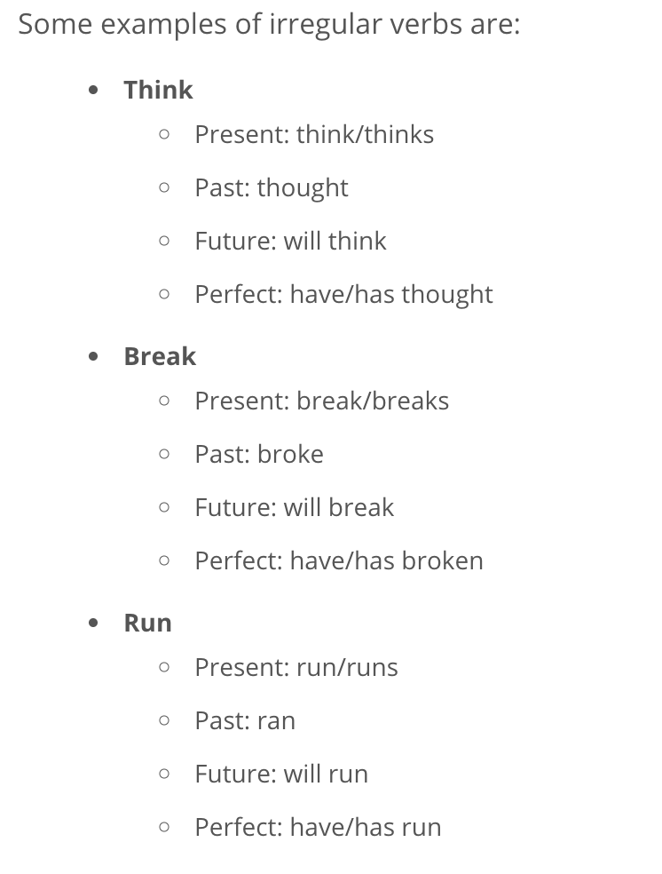 <p>do not follow basic conjugation patterns</p><p>tend to keep the same rules for present tense agreement but past tense and perfect tense are formed differently </p>