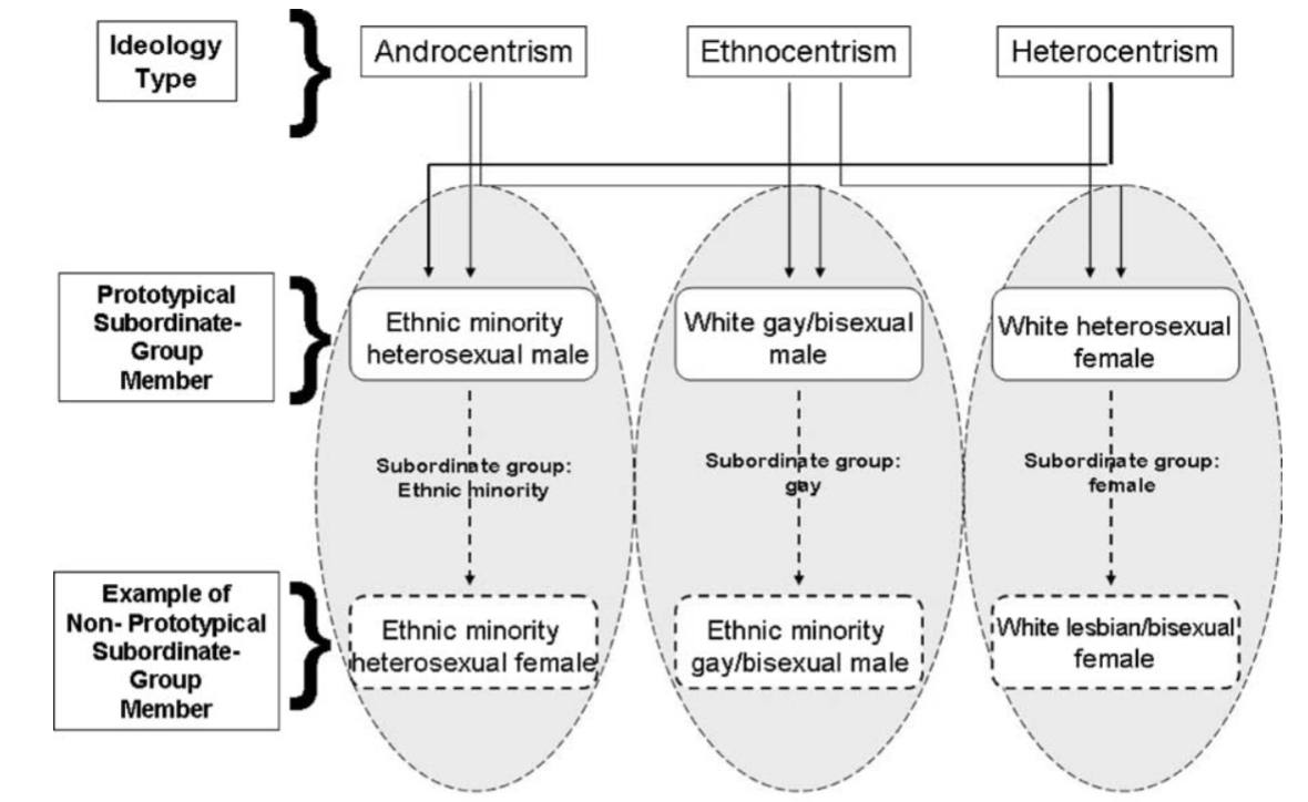 <p>The influences of androcentrism and heterocentrism will cause the prototypical member of a subordinate ethnic or racial group to be defined as a heterosexual man. </p><p>The influences of heterocentrism and ethnocentrism will cause the prototypical women to be straight and white. </p><p>The influence of ethnocentrism and androcentrism will cause the prototypical gay person to be defined as a white man. </p>