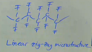 <ul><li><p>flourine is a very small, reactive atom</p></li><li><p>forms highly symmetrical chains which enables PTFE to be highly crystalline<br>→ lots of secondary bonding between the close packed chains</p></li><li><p>high degree of secondary bonding = high strength, high density, and high melting point</p></li><li><p>strong C-F bonds = high chemical in inertness and ‘slipperiness’ (low coefficient of friction)</p></li><li><p>while it is a thermoplastic, it doesn’t melt normal thermoplastics and, therefore, must be sintered like a ceramic<br></p></li><li><p>linear zig-zag microstructure</p></li><li><p>F = small atom allows close chain packing therefore high density, high crystallinity (→ opaque)</p></li><li><p>high strength</p></li></ul><p></p>