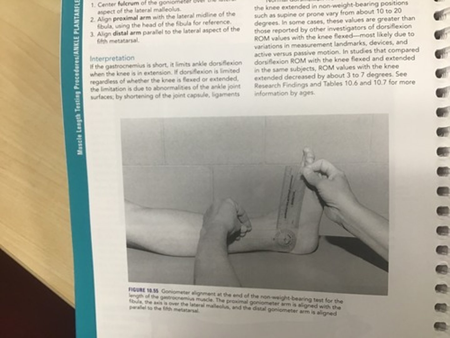 <p>•Testing position: supine, knee extended</p><p>•Stabilization: Tibia to maintain knee extension</p><p>•Testing motion: Ankle is passively Dorsiflexed, with pressure at the metatarsal heads</p><p>•End feel: firm</p><p>•Measure to document progress - goniometer alignment as with ankle DF</p><p>•Interpretation: If the gastroc is short, it only limits DF when the knee is in extension. If DF is limited regardless if the knee if flexed or extended, the limitation is within the ankle joint</p>