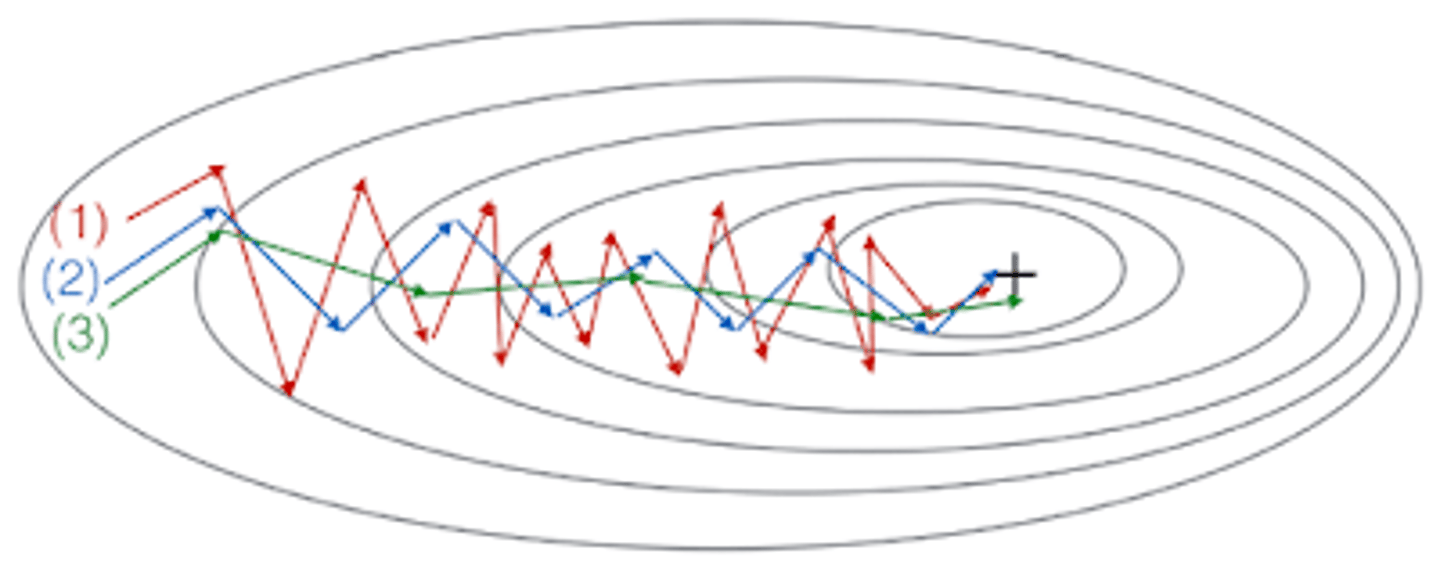 <p>These plots were generated with gradient descent; with gradient descent with momentum (</p><p>β=0.5</p><p>𝛽</p><p>=</p><p>0.5</p><p>) and gradient descent with momentum (</p><p>β=0.9</p><p>𝛽</p><p>=</p><p>0.9</p><p>). Which curve corresponds to which algorithm?</p><p>A: (1) is gradient descent. (2) is gradient descent with momentum (large </p><p>β</p><p>𝛽</p><p>) . (3) is gradient descent with momentum (small </p><p>β</p><p>𝛽</p><p>)</p><p>B: (1) is gradient descent. (2) is gradient descent with momentum (small </p><p>β</p><p>𝛽</p><p>). (3) is gradient descent with momentum (large </p><p>β</p><p>𝛽</p><p>)</p><p>C: (1) is gradient descent with momentum (small </p><p>β</p><p>𝛽</p><p>). (2) is gradient descent. (3) is gradient descent with momentum (large </p><p>β</p><p>𝛽</p><p>)</p><p>D: (1) is gradient descent with momentum (small </p><p>β</p><p>𝛽</p><p>), (2) is gradient descent with momentum (small </p><p>β</p><p>𝛽</p><p>), (3) is gradient descent</p>