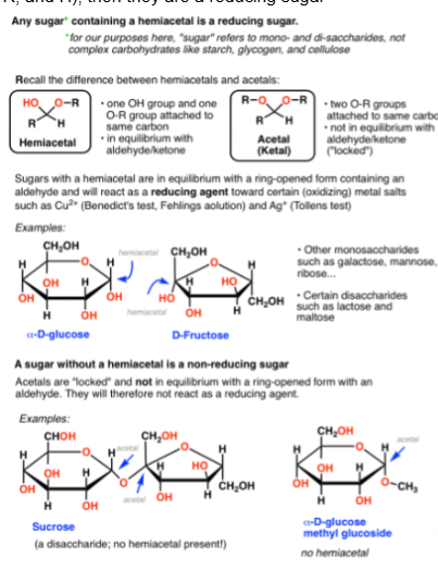 <p>check the anomeric carbon of the monosaccharide subunit not involved in a glycosidic bond. If there is an -OH attached, that sugar is reducing. Otherwise it is not. Other method is to check if the sugar has a hemiacetal group (Carbon attached to a OH, OR, R, and H), then they are a reducing sugar</p>