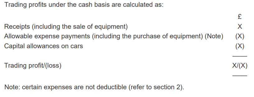 <p>Trading profit/ (loss) = Receipts - Allowable expense payments - capital allowance on cars</p>