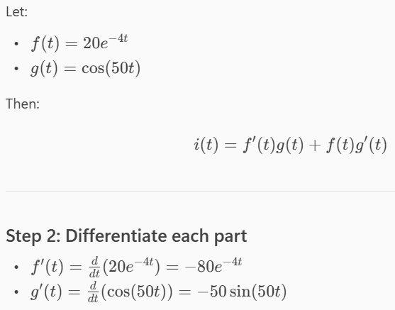 <p>Determine the current flowing through an element if the charge flow is given by the following equation.</p><p><em>q</em>(<em>t</em>) = 20<em>e</em><sup>–4</sup><em><sup>t</sup></em> cos (50<em>t</em>) μC</p>
