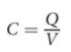 <p>ratio of the magnitude of the charge stored on one plate to the potential difference (voltage) across the capacitor</p><p>unit: farad (1 F = 1 C/V)</p>