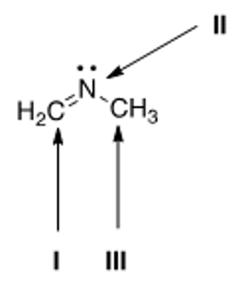 <p>What is the hybridization for each of the indicated atoms in the following compound?</p><p>A) I = sp2; II = sp2; III = sp2.</p><p>B) I = sp2; II = sp3; III = sp3.</p><p>C) I = sp; II = sp2; III = sp3.</p><p>D) I = sp2; II = sp2; III = sp3.</p>