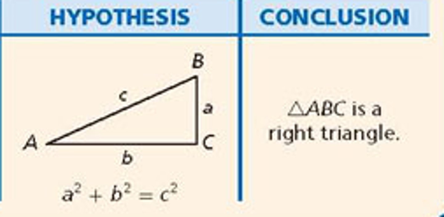 <p>If the square of the length of the longest side of a triangle is equal to the sum of the squares of the lengths of the other two sides, then the triangle is a right triangle.</p>