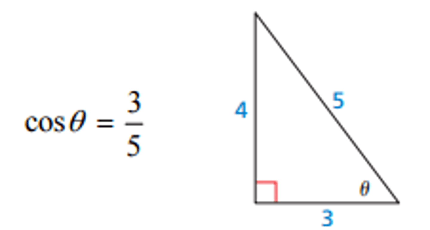 <p>A trigonometric function for an acute angle θ of a right triangle, denoted by cosθ= adjacent/hypotenuse</p>