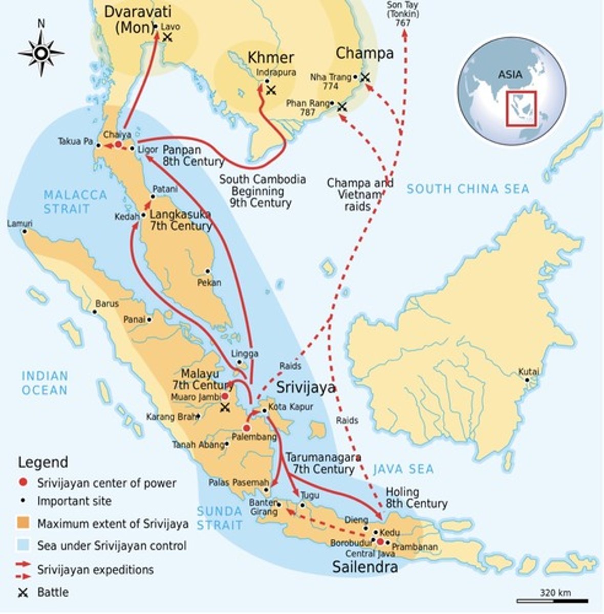 <p>flourished from the 600s to 1200s; controlled the Strait of Malacca, lots of spices, and a critical portion of Indian Ocean trade</p>