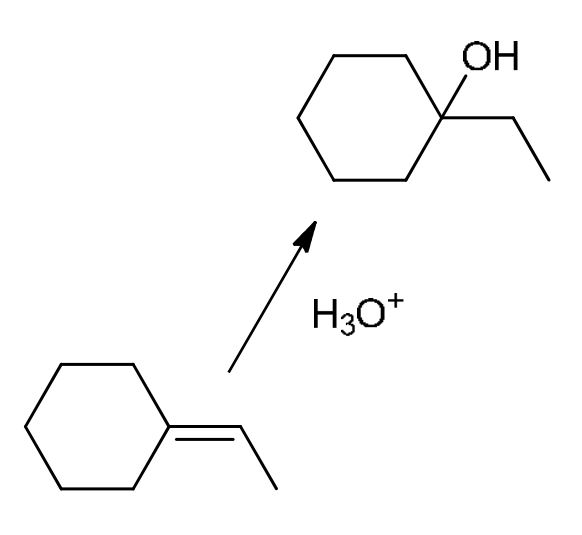 <p>Can use H3O+ or (dilute) H2SO4 (Don’t use when there could be a rearrangement)<br>Mark addition, alkene bond breaks, and OH is added to the more sub C (Opposite of BH3/THF with H2O2, NaOH)</p>