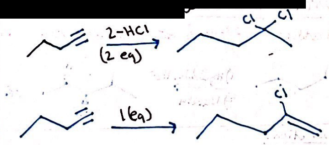 <ul><li><p>2 equivalents mean add 2 halogens (BREAK TRIPLE bond)</p></li><li><p>1 equivalent means add 1 halogen (KEEP DOUBLE bond)</p></li></ul><p>Reagents: <mark data-color="yellow" style="background-color: yellow; color: inherit">2-HCL / (2 eq)</mark> or <mark data-color="yellow" style="background-color: yellow; color: inherit">1 (eq)</mark></p>