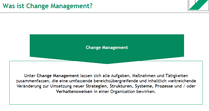 <p>= alle Aufgaben, Maßnahmen und Tätigkeiten, die eine umfassende bereichsübergreifende und inhaltlich weitreichende Veränderung zur Umsetzung neuer <strong>Strategien, Strukturen, Systeme, Prozesse</strong> und/oder <strong>Verhaltensweisen</strong> in einer Organisation bewirken.</p>