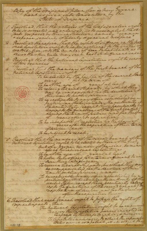<p>plan created mostly by <em>james madison</em> calling for <strong>a strong national government</strong>; the plan proposed a <strong>government with 3 branches</strong> (a two-house legislature, or law-making body; a chief executive chosen by the legislature; and a court system)</p>