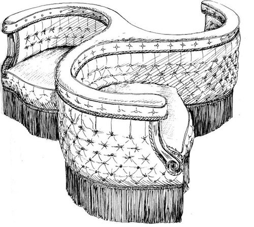 <p>French Empire</p><p>An upholstered couch that can sit three people. consists of three connected armchairs in a pinwheel pattern</p>