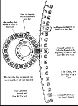 <ul><li><p><strong>Sacred Almanac</strong></p><ul><li><p>aka the <strong>zolcin </strong>calendar</p></li><li><p><strong>260 day</strong> calendar</p></li></ul></li><li><p><strong>Solar </strong>calendar</p><ul><li><p><strong>365.242 days</strong></p></li><li><p><strong>Similar to the Gregorian calendar which is 365.2425</strong></p></li><li><p><strong>High tech</strong> calculation shows it to be 3<strong>65.2422</strong></p><ul><li><p><strong>Mayans are more accurate</strong></p></li></ul></li></ul></li><li><p><strong>Intermeshed both calendars for a 52 year cycle</strong></p></li><li><p><strong>used by Mayans and other mesoamerican civilizations</strong></p></li></ul><p></p>