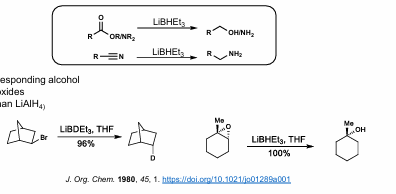 <p>Reduces Ester/acid to alcohol </p><p>Reduces amide, nitrile to primary amine</p><p>Reduces HALOGENS and can OPEN EPOXIDES</p><p>VERY powerful reducing agent (stronger than LiAlH4)</p>