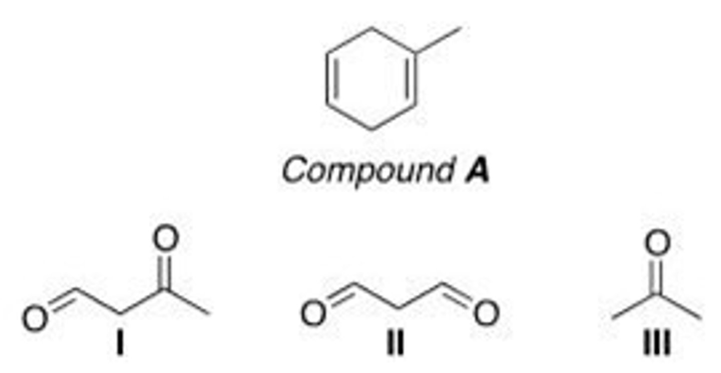 <p>Which of the following is (are) formed by ozonolysis of compound A?</p><p>A. Only I</p><p>B. Only II</p><p>C. Only I and II</p><p>D. I, II, and III</p>