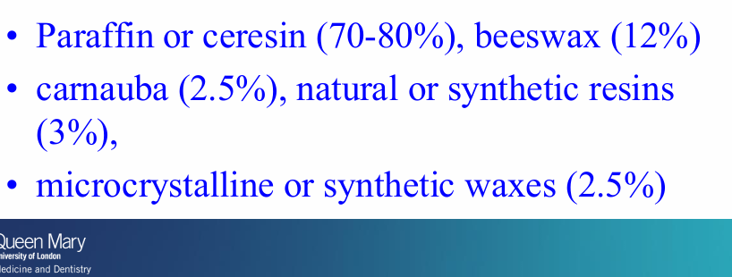 <p>paraffin or ceresin</p><p>beeswax</p><p>carnauba</p><p>natural or synthetic<strong> resin</strong></p><p>microcrystalline or synthetic <strong>waxes</strong></p>