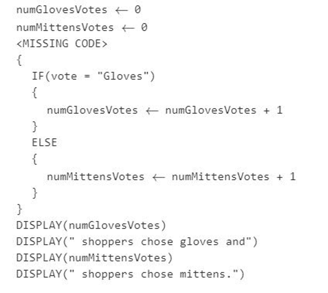 <p>Shoppers at a mall were asked whether they preferred wearing gloves or mittens in cold weather. Shoppers' preferences were stored in the list voteList as strings, with the string "Gloves" representing a preference for gloves and the string "Mittens" representing a preference for mittens. The following code segment is intended to traverse the list and display the number of shoppers who chose gloves and the number of shoppers who chose mittens. Which of the following should replace <missing code=""> so that the code segment works as intended?</missing></p>