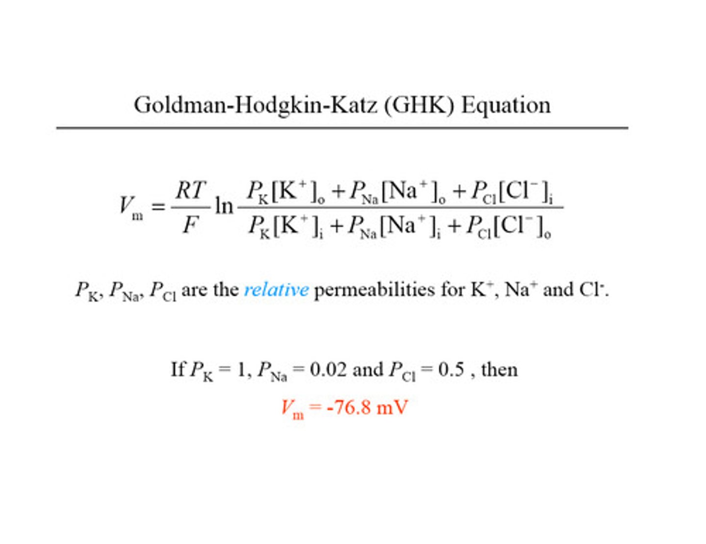<p>Synthesizes contributions from multiple ions to determine resting potential of the cell</p>
