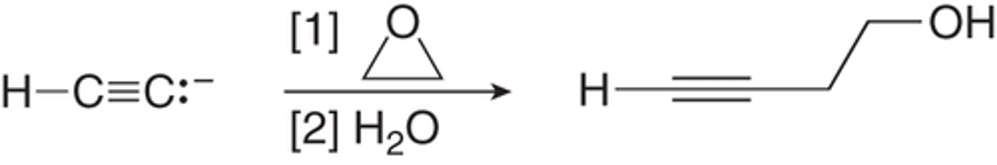 <p>-Sn2</p><p>-Opening of the ring occurs from the back side at the less substituted end of the epoxide.</p>