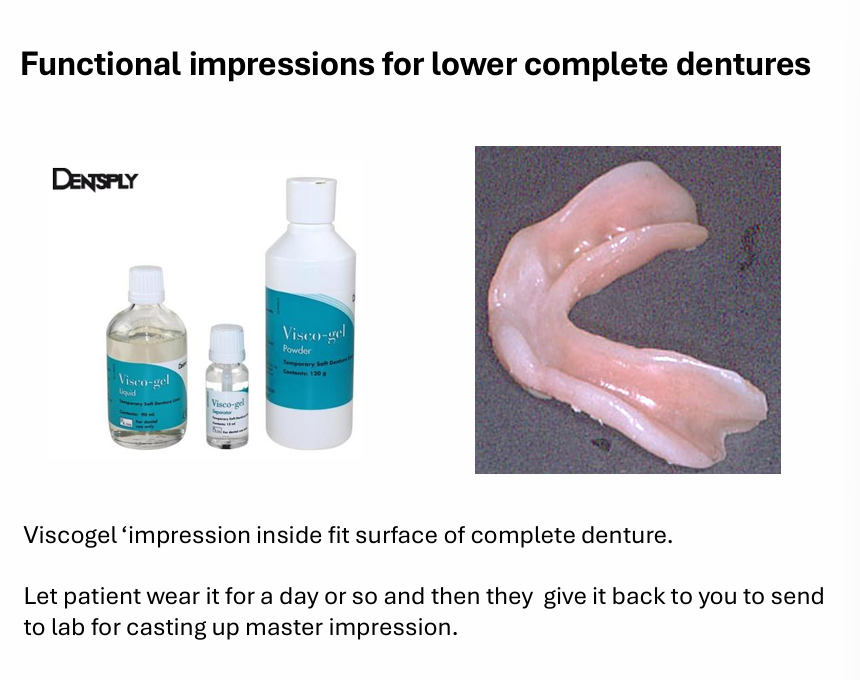 <p><strong>Functional impression&nbsp;</strong></p><p>viscogel impression inside fit surface of complete denture</p><p>let patient wear it for a day or so and then they give it back to you to send to lab for casting up master impression </p>