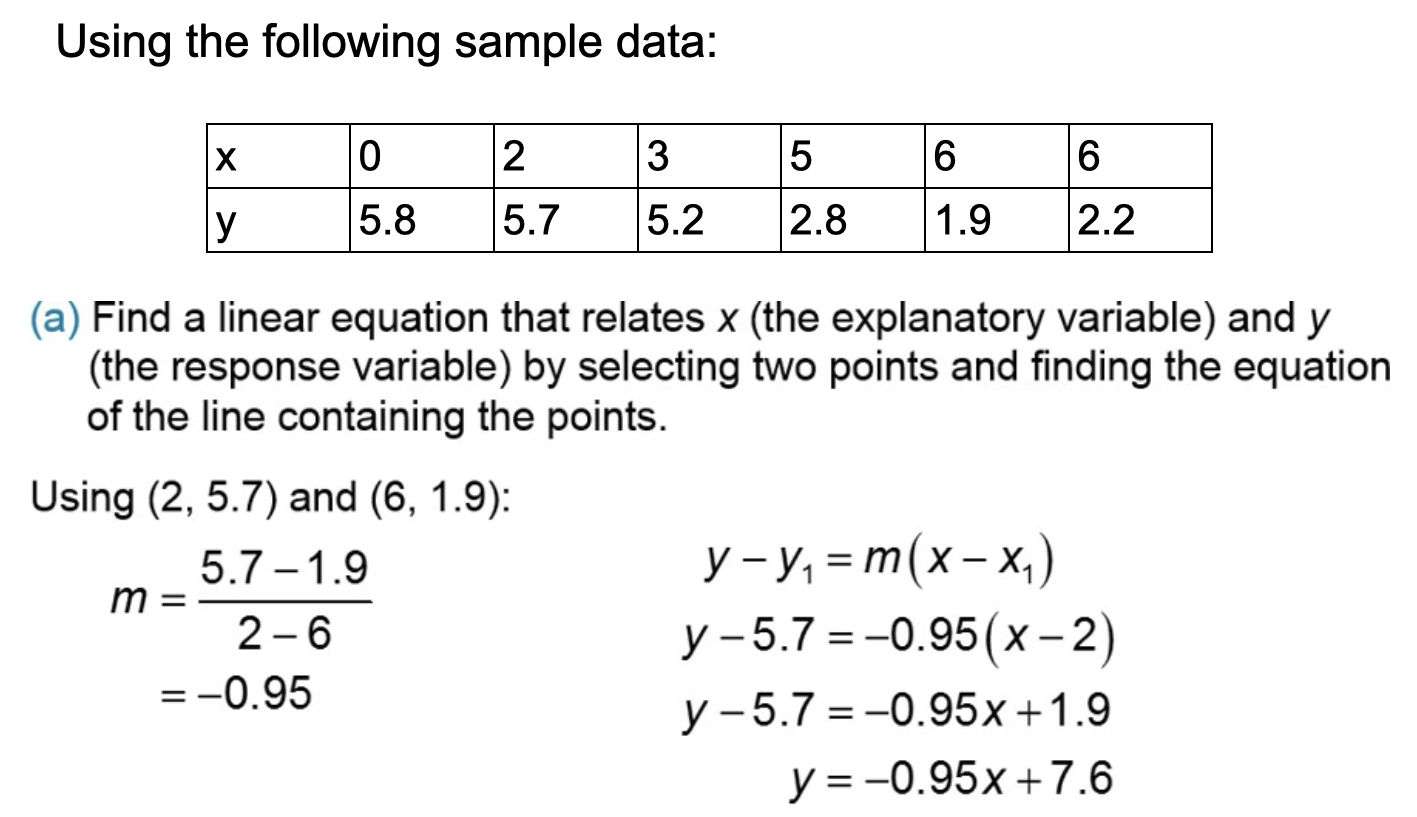 First, find the slope of two points by using slope formula.  Then, plug m into the equation of line to get your y=mx