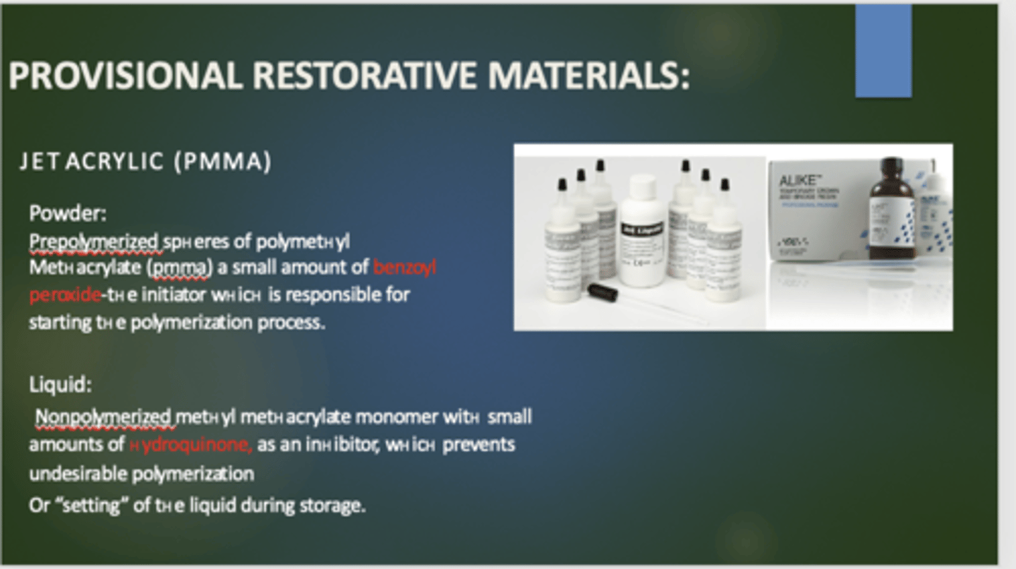 <p>Initiator responsible for starting the polymerization process in Jet Acrylic (PMMA)</p><p>Initiator responsible for preventing unwanted polymerization in Jet Acrylic (PMMA)</p><p>(prevents setting of liquid while in storage)</p>