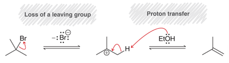 <p>tertiary alkyl halide undergoes ionization in polar solvent, solvent acts as base and deprotonates intermediate carbocation</p><p>elimination, unimolecular</p><p>stepwise mechanism</p><p>step 1: LG leaves</p><p>step 2: proton transfer, electrons move to create double bond</p><p>generally not observed at sp<sup>2</sup> hybridized centers (because loss of LG would result in an unstable carbocation)</p>