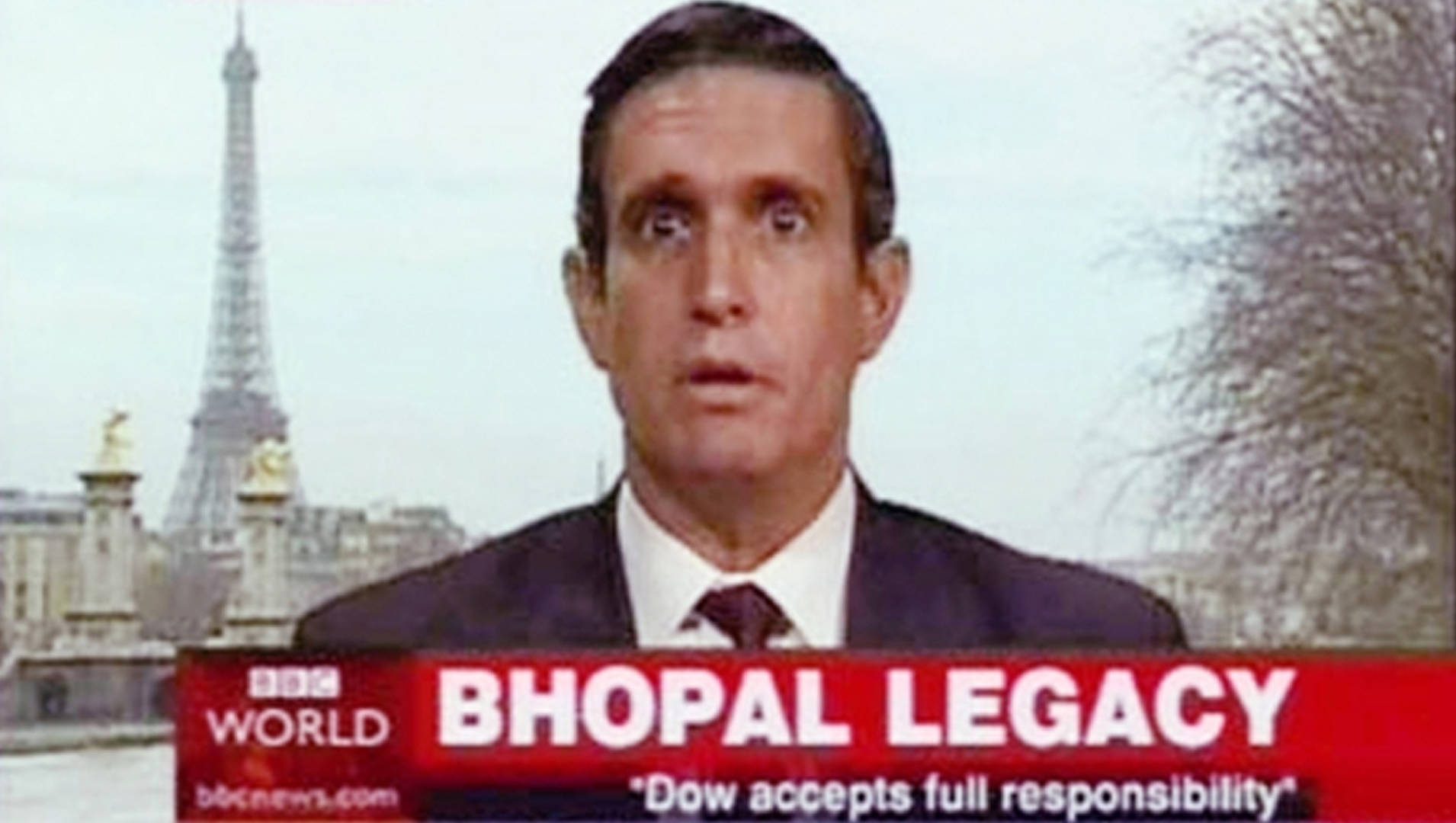 <p>Title: Bhopal Apology</p><p>Time: 2003</p><p>Known for:</p><ul><li><p><em>Bhopal Apology</em> is a <strong>high-profile media hoax</strong> in which one of the artists appeared on BBC World posing as a Dow Chemical spokesperson, f<strong>alsely announcing that the company would finally take responsibility for the 1984 Bhopal disaster and compensate victims.</strong></p></li><li><p class="">It critiques <strong>corporate negligence</strong>, <strong>media credibility</strong>, and<strong> the limits of corporate accountability</strong></p></li><li><p class="">Uses <strong>satire</strong> and impersonation to <strong>expose the gap between public relations narratives and real-world consequences.</strong></p></li></ul><p></p>