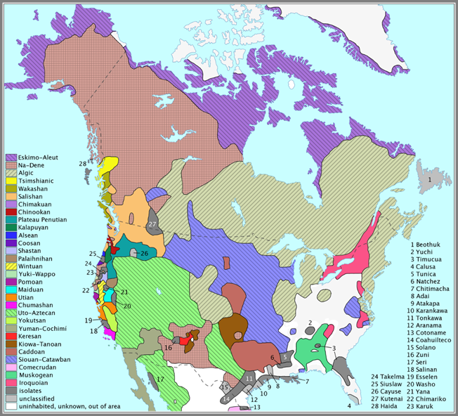 <p><span>Over 500 different indigenous societies with different cultures, languages, and traditions.&nbsp;</span></p><p><strong><span>Map shows Indigenous linguistic and cultural families.&nbsp;</span></strong></p>