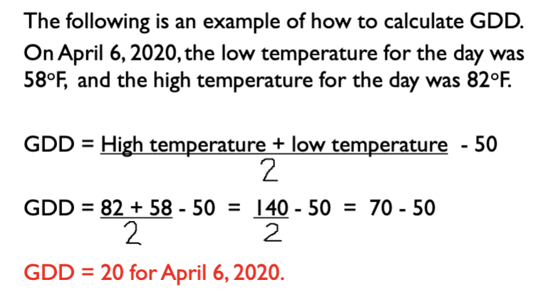 <p>GDD = high temp + low temp / 2 - 50</p>