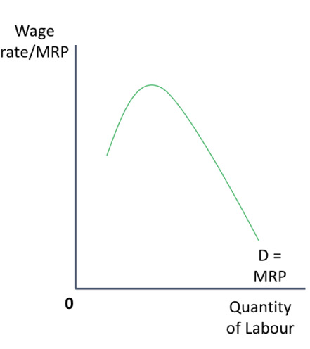 <p>due to the law of diminishing marginal returns total product will rise at first and then start to decline → the MRP shows how many workers are demanded by a firm at each wage rate → therefore it is the demand curve for labour</p>