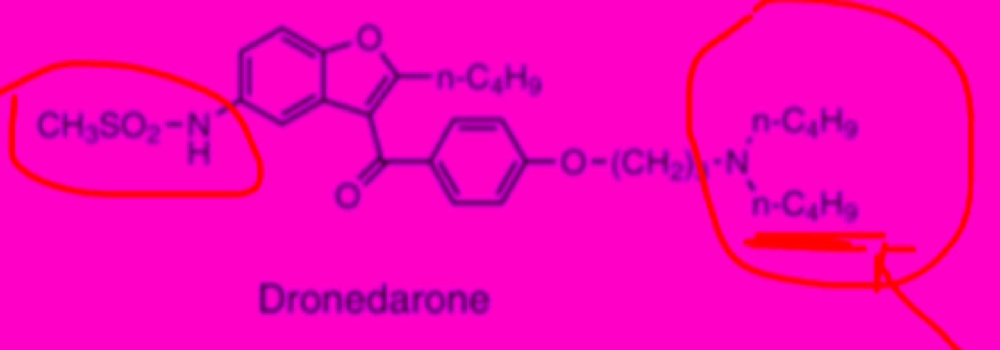 <p>-iodine groups of amiodarone removed to reduce toxic effects on thyroid</p><p>-methylsulfonamido group reduces lipophilicity and neurotoxic effects</p>