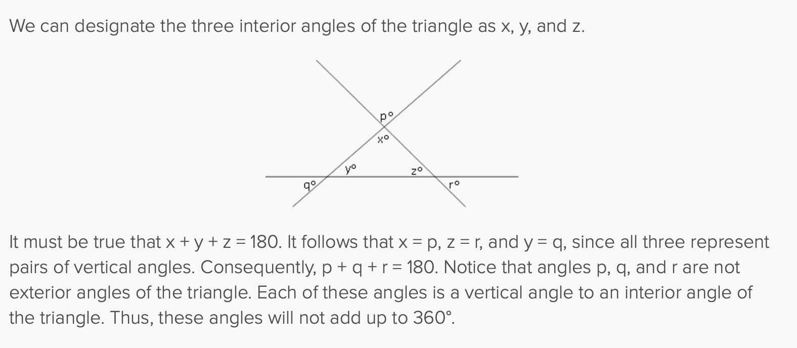 <p>these angles are not exterior angles which is why they don’t sum to 360 degrees</p>