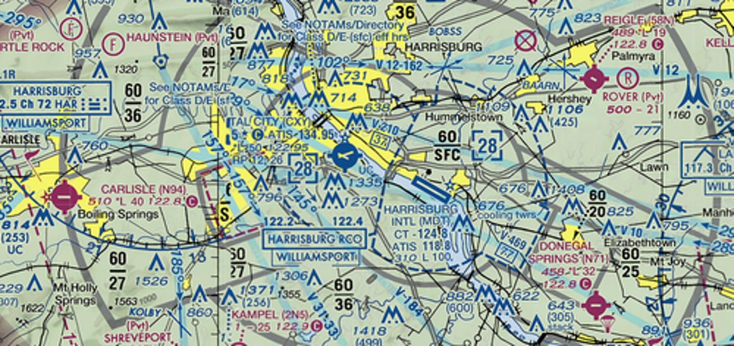 <p>The solid gray airspace boundaries near Harrisburg International, Capital City Airport and Carlyle Airport indicate a . . . .</p><p>[Class C Airspace] / [Class B Airspace] [TRSA] / [Class E Airspace]</p>