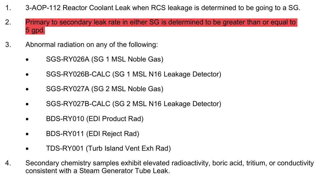 <p>From A-112 RCS Leak</p><p><strong>SGTL &gt;5gpd</strong></p><p>Rad alarm on Noble Gas, N16, EDI, Turbine Vent</p><p>Chem samples</p>