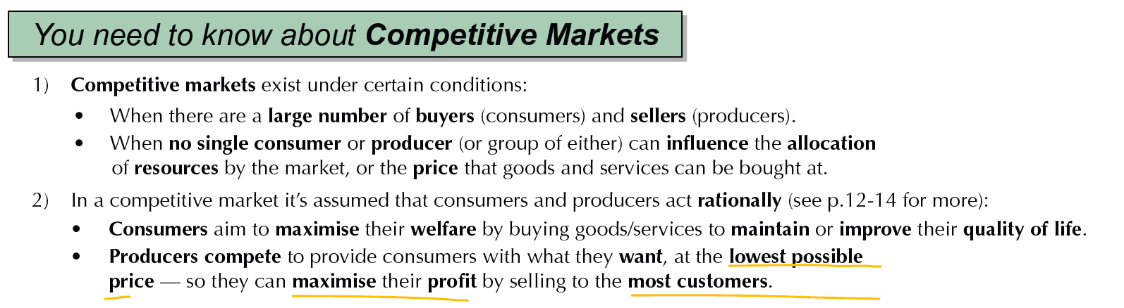 <ul><li><p>Large number of buyers (consumer) AND sellers (producers)</p></li><li><p>No single consumer OR producer can influence allocation of recourses by the market, OR the price that goods/services can be bought at.</p></li><li><p>Consumers aim to maximise their welfare, producers aim to maximise profits.</p></li></ul><p></p>