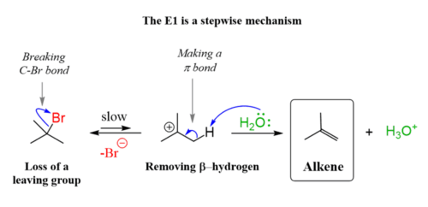 <p>1. Leaving groups leaves creating a carbocation intermediate.</p><p>(alkyl or hydride shift)</p><p>2. Hydrogen on beta carbon is removed and a double bond is formed between the alpha and beta carbon</p>