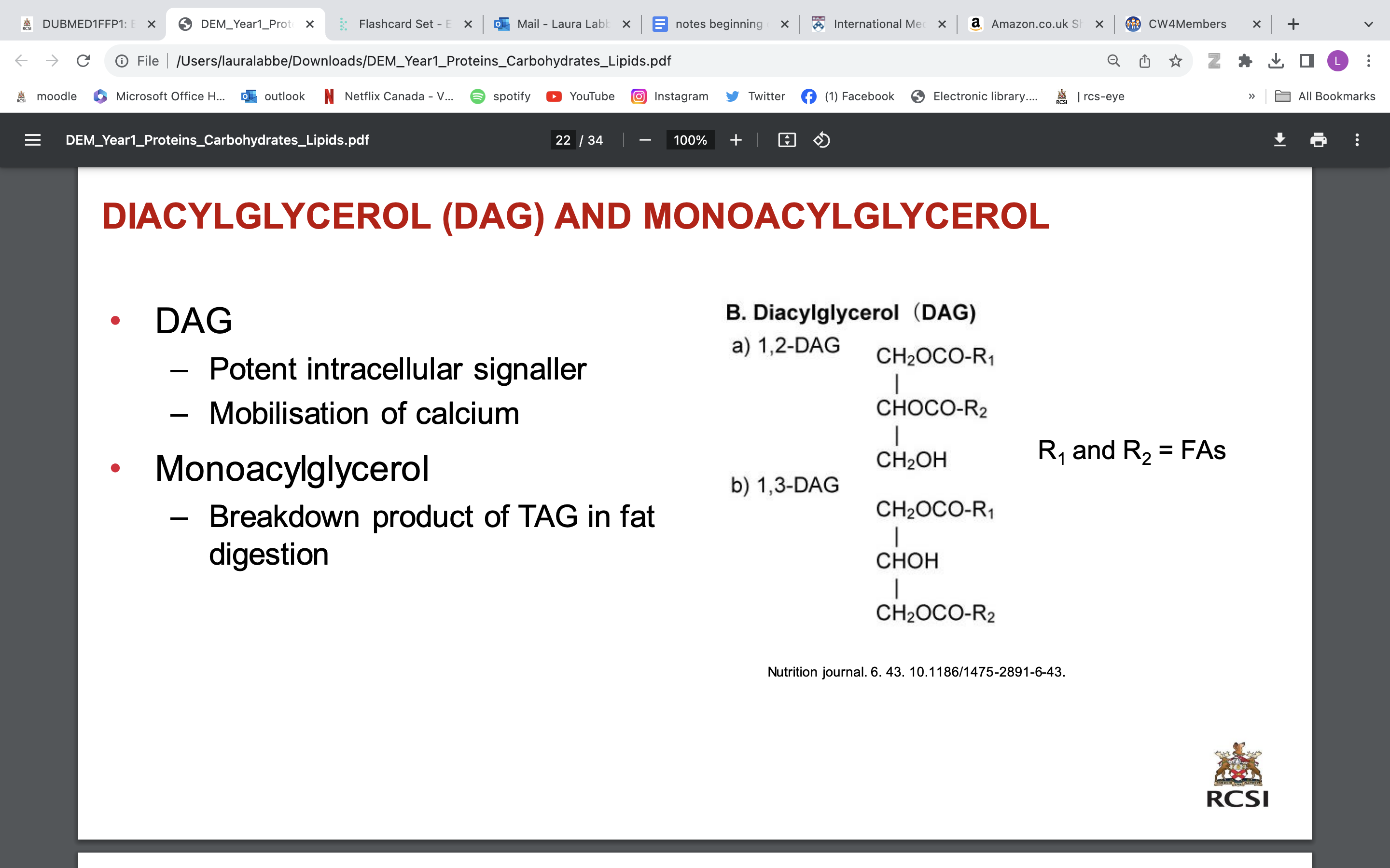 <p><strong>DAG</strong></p><ul><li><p><strong>Potent intracellular signaller</strong></p></li><li><p>Mobilisation of calcium</p><p><strong>monoacyglycerol</strong></p></li><li><p>Breakdown product of TAG in fat digestion</p></li></ul>