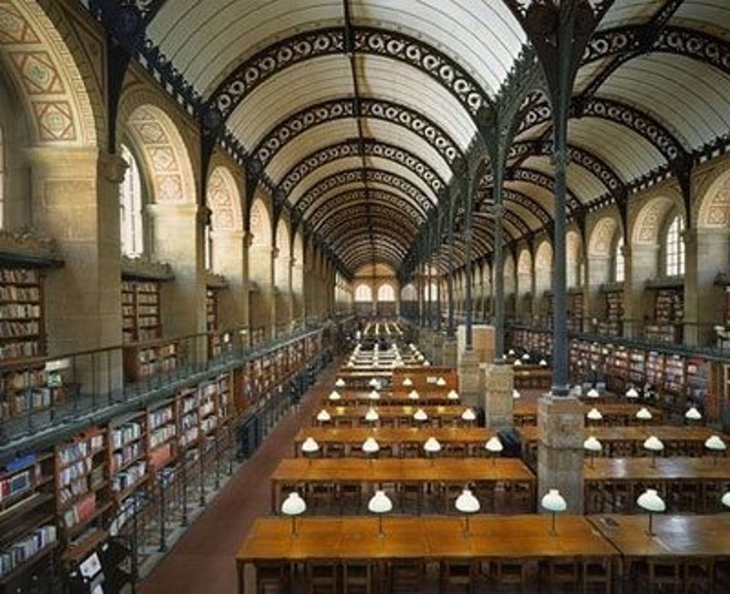 <p>Paris;</p><p>Henri Labrouste 1842-1850; symbolic train station; represent readers journey into knowledge; cast iron shaped into columns and arches support vaults and domes</p>