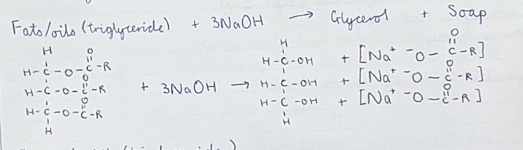 <p>Triglyceride + 3NaOH —&gt; glycerol + soap (sodium salt)</p>