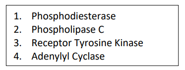 MATCHING: Enzyme Roundup: Cell Signaling 

a. Converts ATP to cAMP after G-protein signaling 

b. Converts cAMP to AMP; inhibited by caffeine 

c. Converts membrane lipids to IP3 and DAG 

d. Phosphorylates relay molecules after activation and dimerization