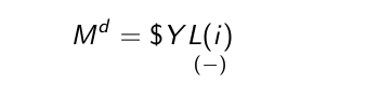 <p>is equal to nominal income $Y (a measure of level of transactions in the economy) times a decreasing function of the interest rate i</p><p>An increase in the interest rate decreases the demand for money, as people put more of their wealth into bonds.</p><p>Eq. means that the demand for money: </p><p><span data-name="arrow_forward" data-type="emoji">▶</span> increases in proportion to nominal income</p><p><span data-name="arrow_forward" data-type="emoji">▶</span> depends negatively on the interest rate.</p>